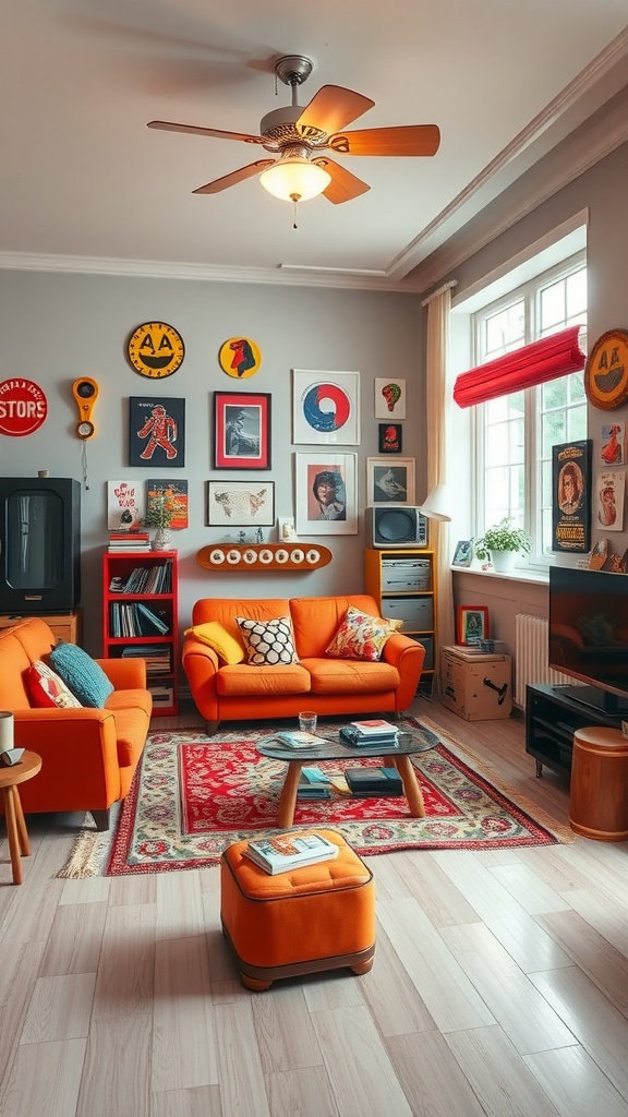 A vibrant living room featuring orange sofas, retro decor, and a cozy rug.