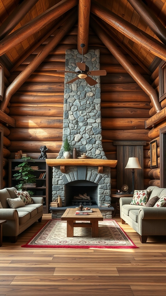 A rustic living room featuring wooden beams, a stone fireplace, and cozy sofas.
