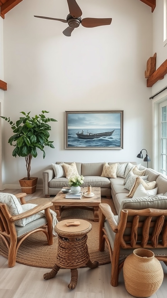 A cozy beach house living room featuring a sectional sofa, driftwood elements, and a large potted plant.