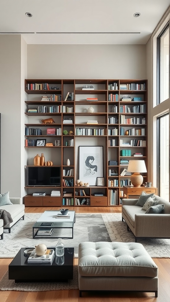 A stylish living room featuring a sculptural bookshelf with books and decorative items.