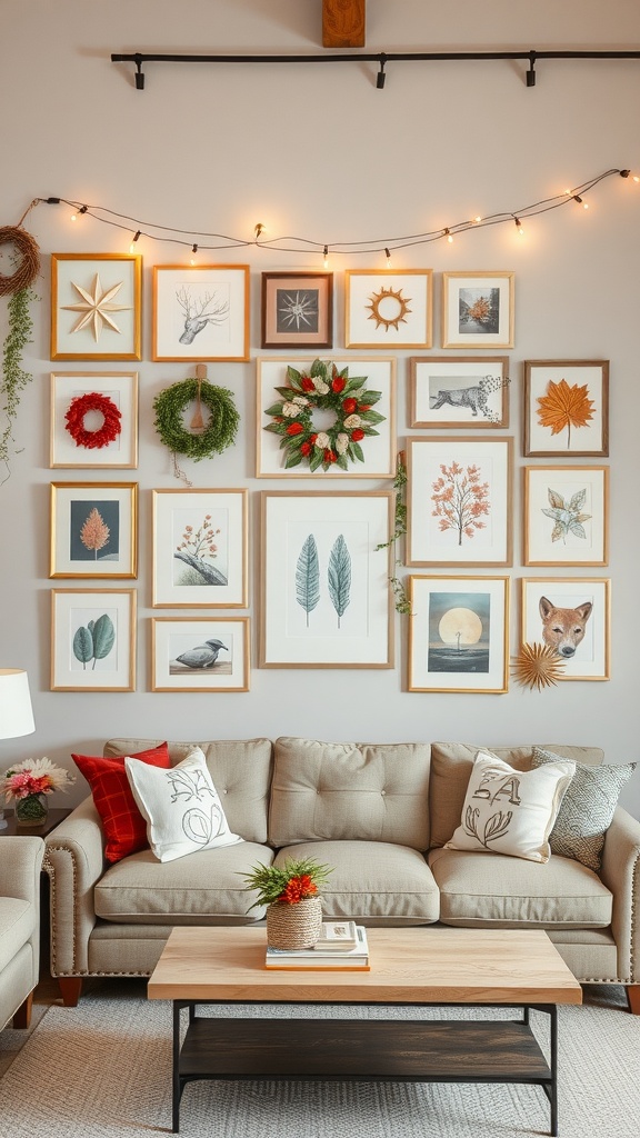 A cozy living room with a seasonal gallery wall featuring framed art, wreaths, and string lights.