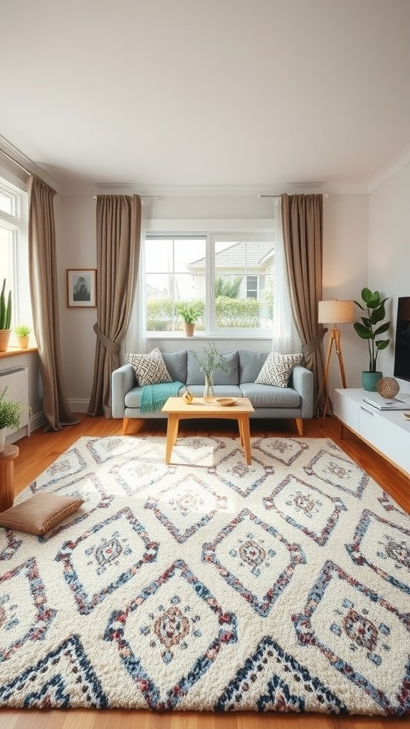 Cozy living room with a patterned area rug, sofa, and coffee table.