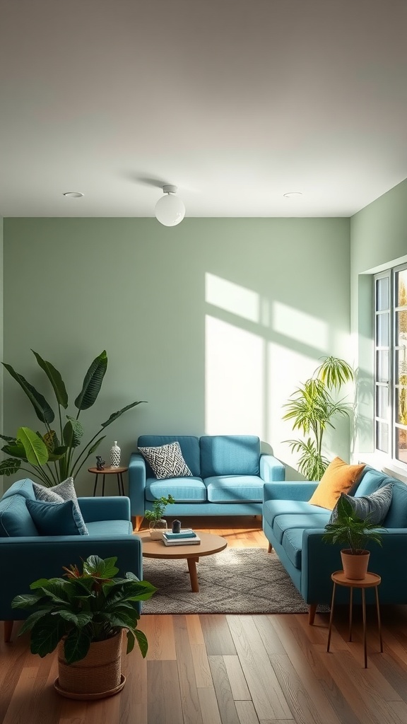 A living room with green walls and blue sofas, featuring plants and a wooden floor.