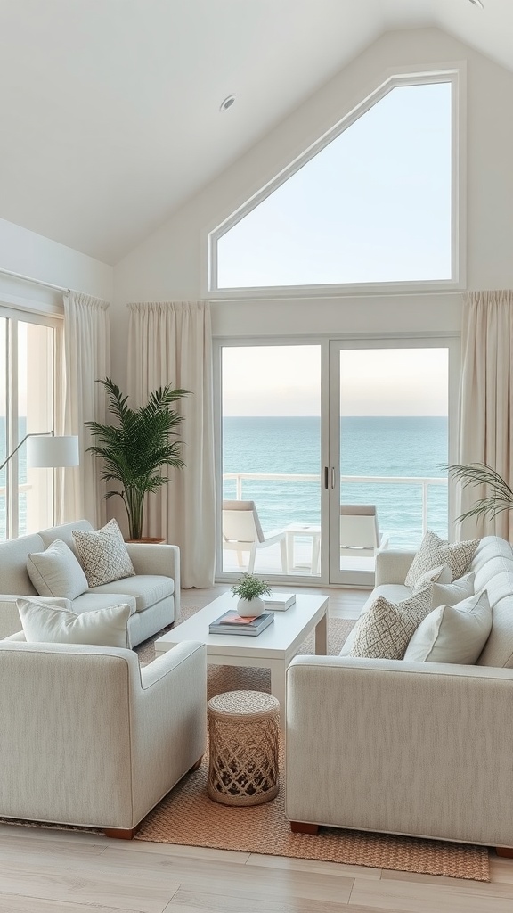 A serene beach house living room with soft neutral colors, large windows, and cozy furniture.