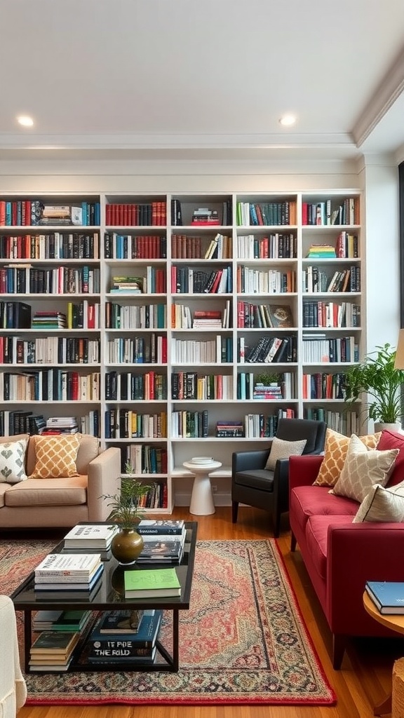 A cozy living room with a large bookshelf filled with books, featuring colorful spines and decorative items, complemented by comfortable seating.