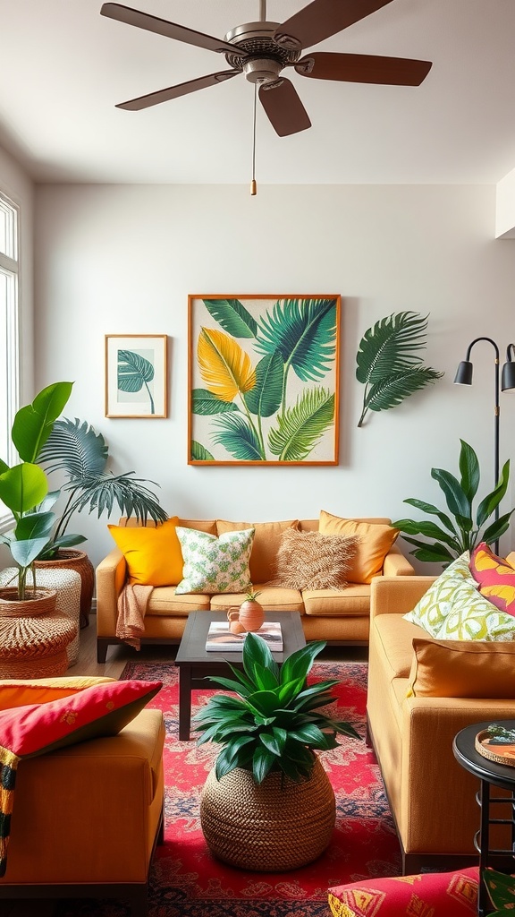 A vibrant beach house living room with orange sofas, tropical leaf wall art, and lush plants.