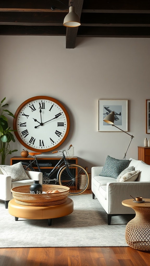 A whimsical living room featuring an oversized clock, a bicycle, and unique coffee table.