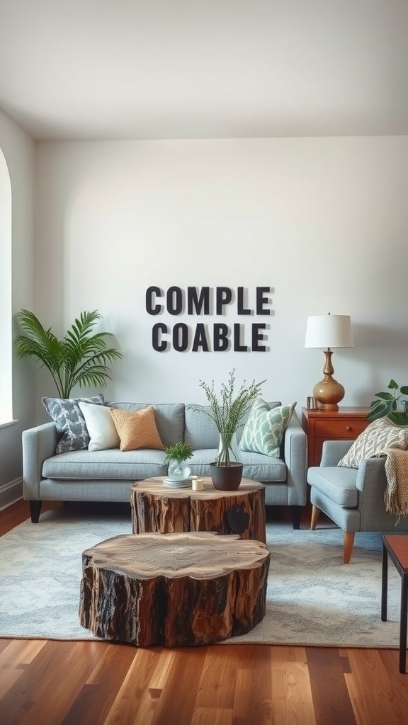 A whimsical living room featuring unique wooden coffee tables, a cozy sofa, and decorative plants.