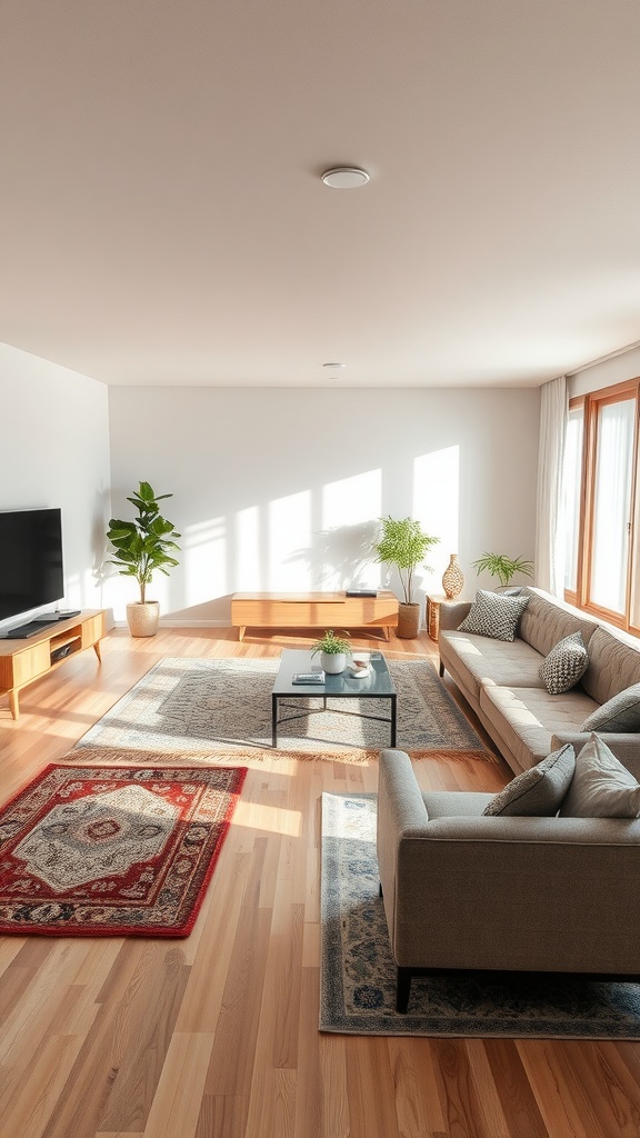 A spacious living room featuring area rugs in various patterns and colors, with a cozy sofa and plants.