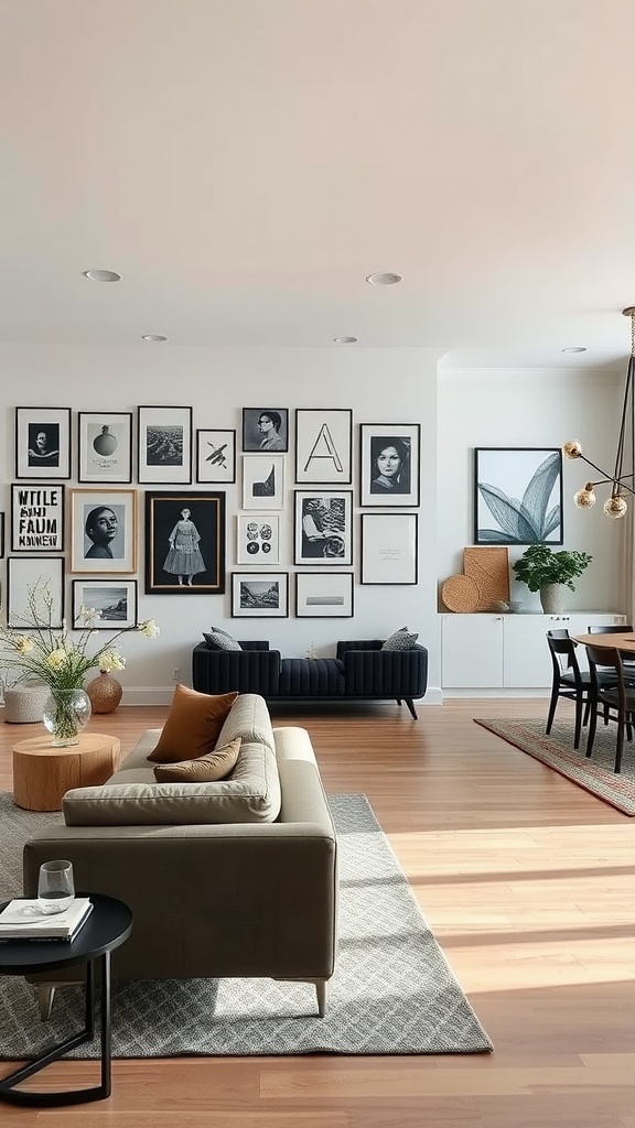 A stylish living room featuring a gallery wall with various framed artworks, a cozy sofa, and a dining area in an open layout.