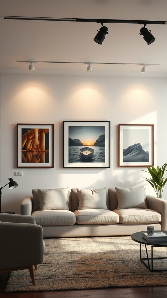 A cozy living room featuring a gallery wall with three framed artworks, illuminated by track lighting.