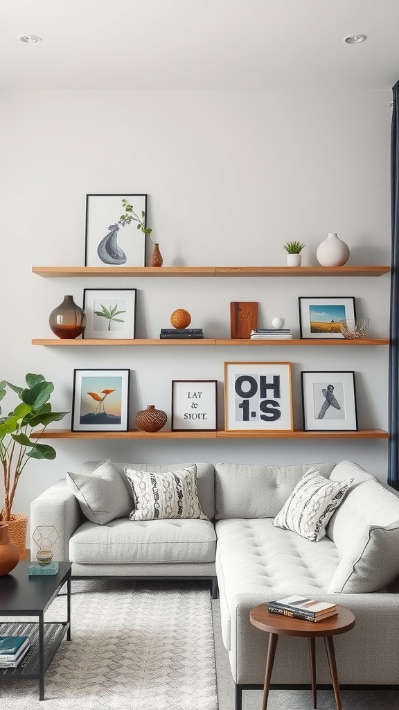 A modern living room featuring wooden shelves displaying framed art, decorative items, and a plant.