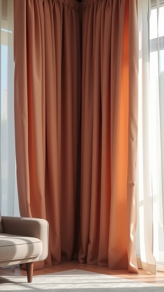 Soft curtains in warm tones draping a window in a cozy living room setting.