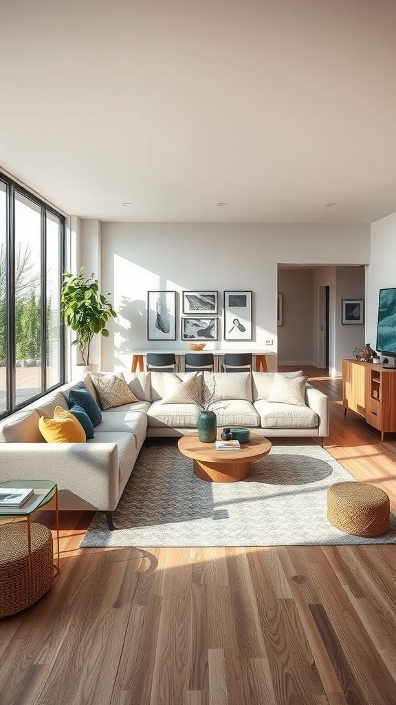 A modern living room featuring an L shape sofa with colorful cushions, a round coffee table, and large windows.
