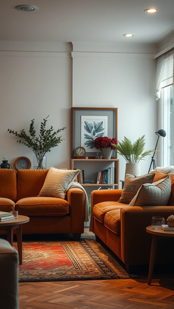 Cozy living room with warm orange sofas and a decorative rug