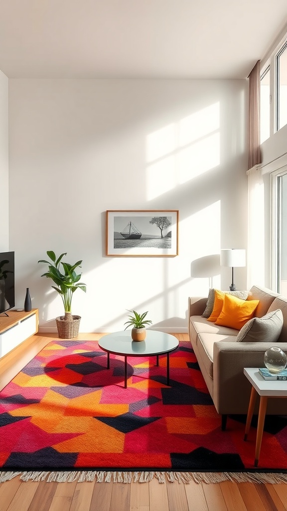 A whimsical living room featuring a vibrant geometric area rug, a cozy sofa, and a bright atmosphere.