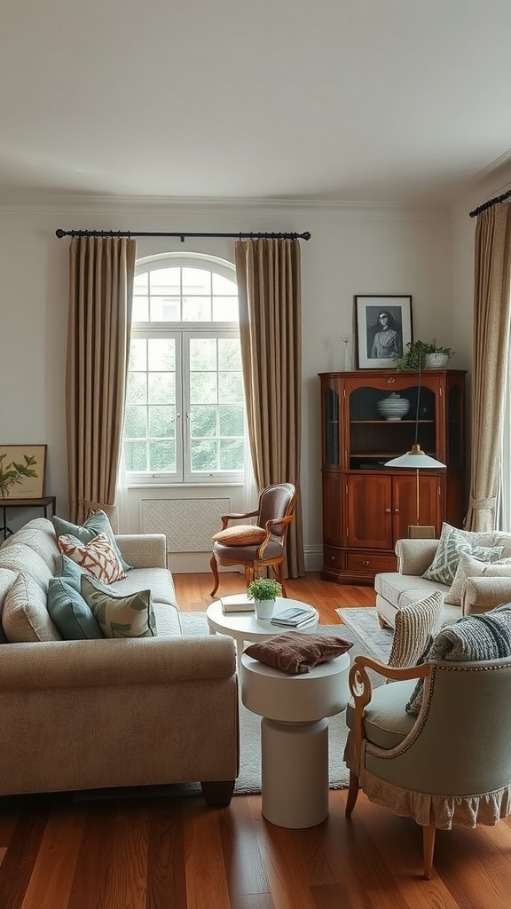 A cozy living room featuring a mix of vintage and modern furniture, with large windows and warm lighting.