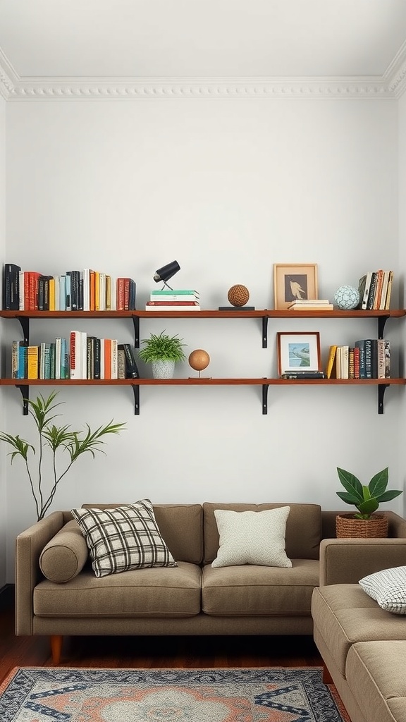 A cozy living room with wall-mounted bookshelves displaying books and decorative items above a sofa.