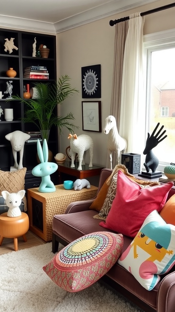 A whimsical living room featuring playful animal sculptures, colorful pillows, and a cozy sofa.