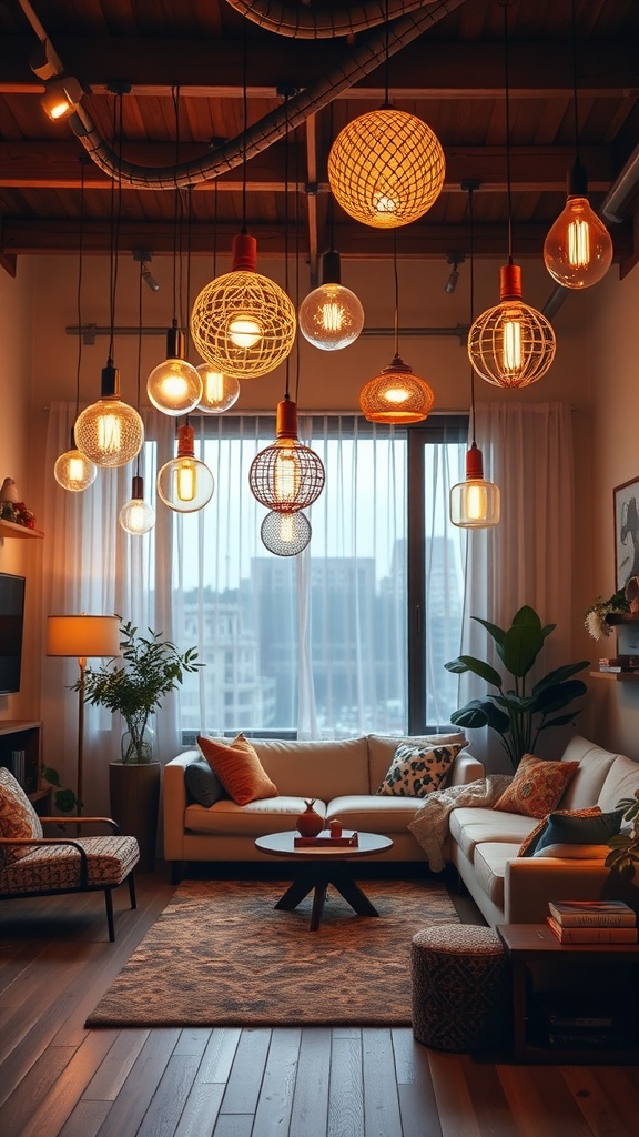 A whimsical living room with various unique lighting fixtures hanging from the ceiling.
