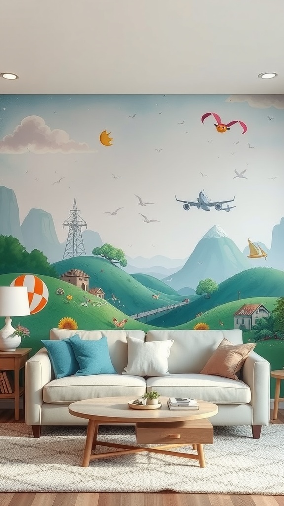 A whimsical wall mural depicting rolling hills, a blue sky, and playful elements like birds and an airplane in a cozy living room.