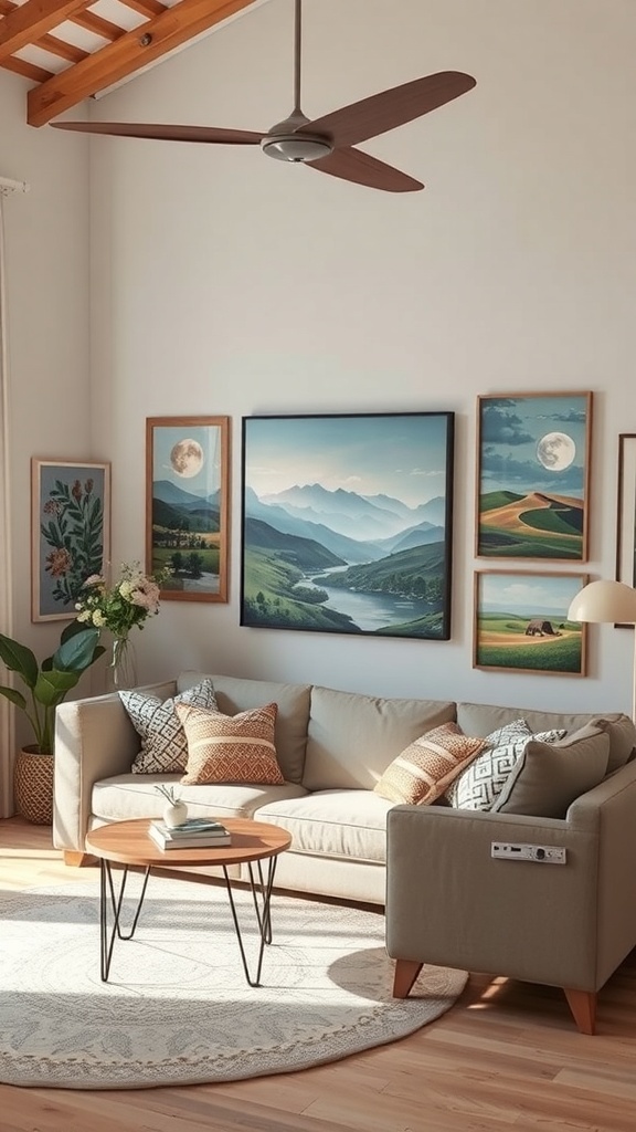 A cozy living room featuring local artwork, with a sofa, coffee table, and decorative pillows.