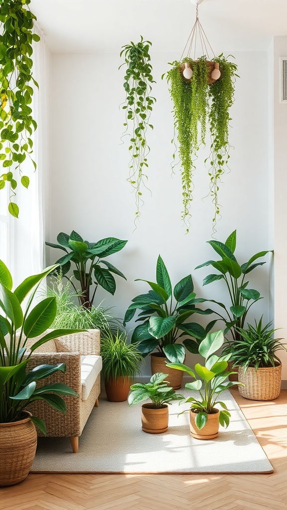 A bright living room filled with various indoor plants, including cascading greenery from the ceiling and potted plants on the floor.