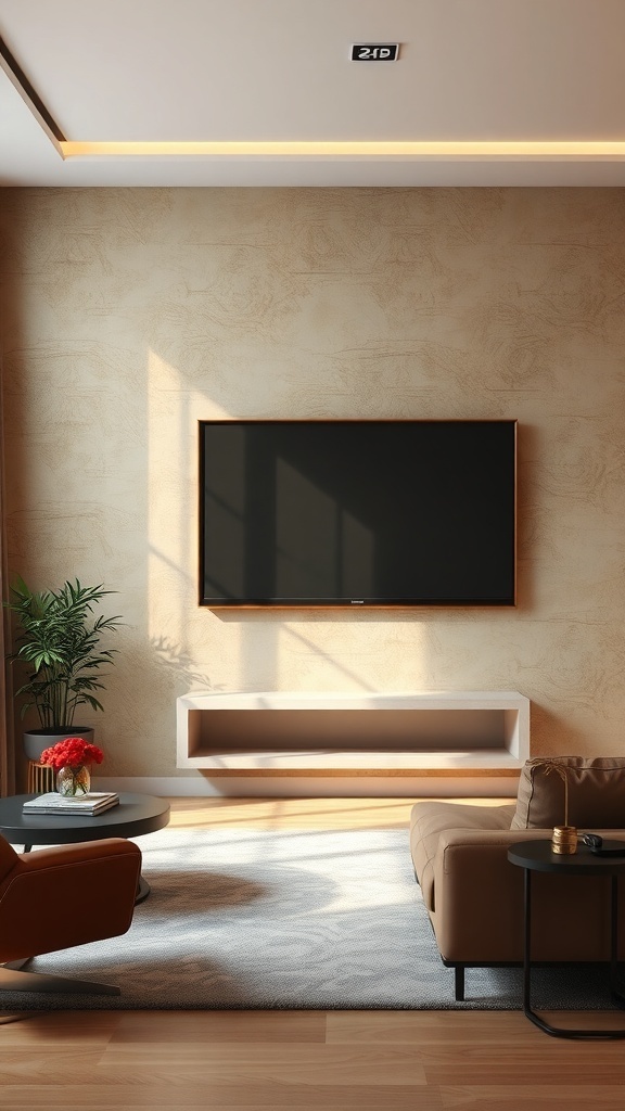 Cozy living room featuring a Frame TV on a textured wall with a minimalist console and a potted plant.