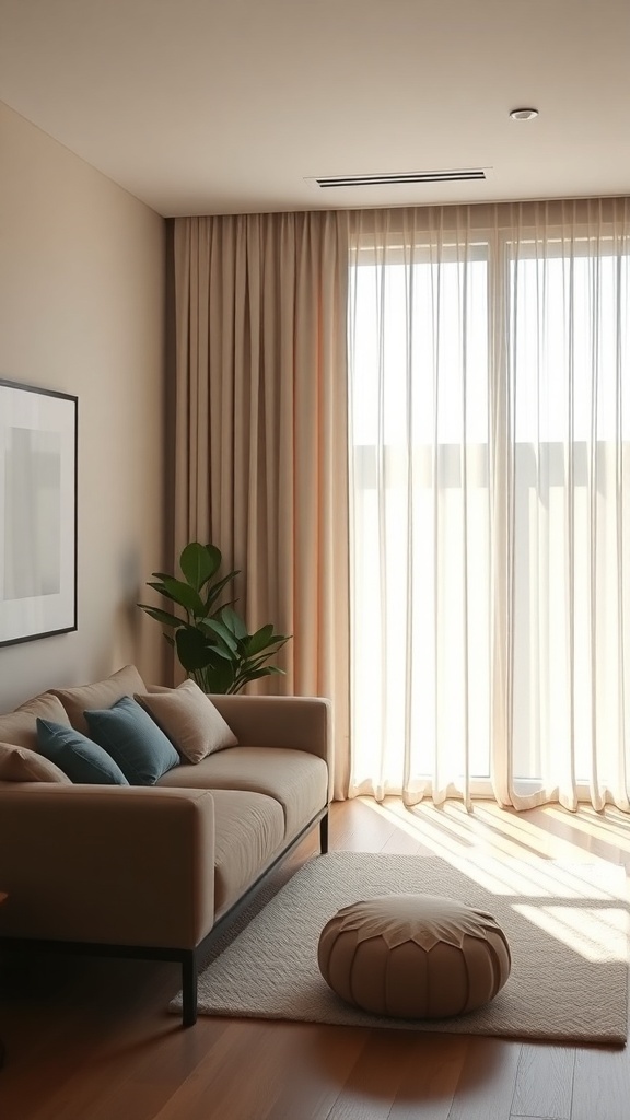 A minimalist living room with light curtains, a beige sofa, and a plant.