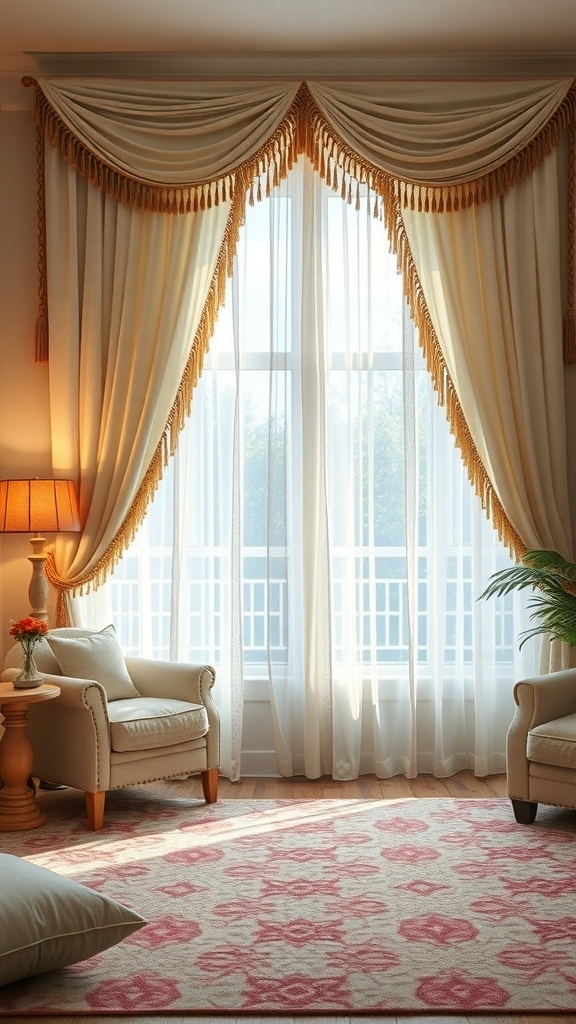 Living room with curtains featuring fringe and tassels, cozy armchairs, and a patterned rug.