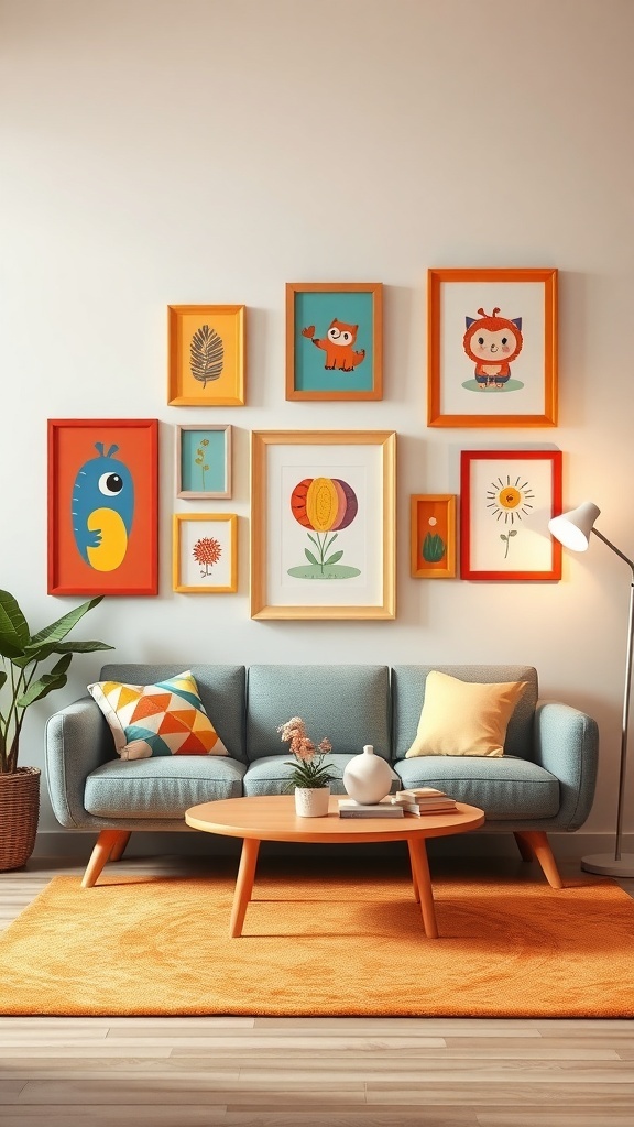 A colorful wall art display featuring playful illustrations in various frames above a cozy sofa.