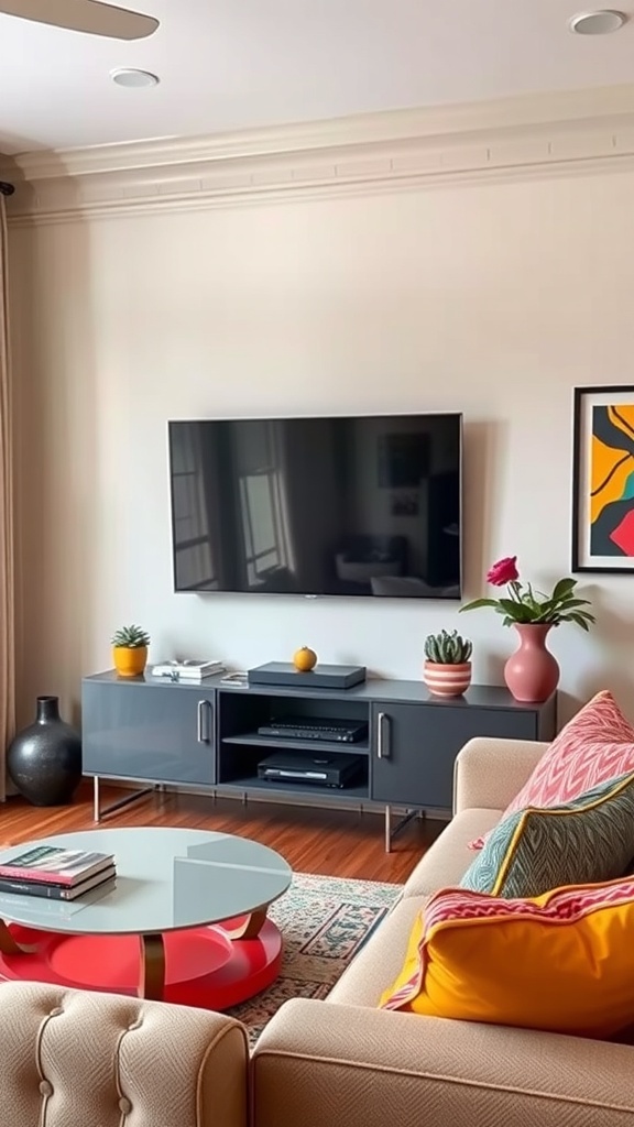 A modern living room featuring a Frame TV, colorful cushions, and a stylish coffee table.