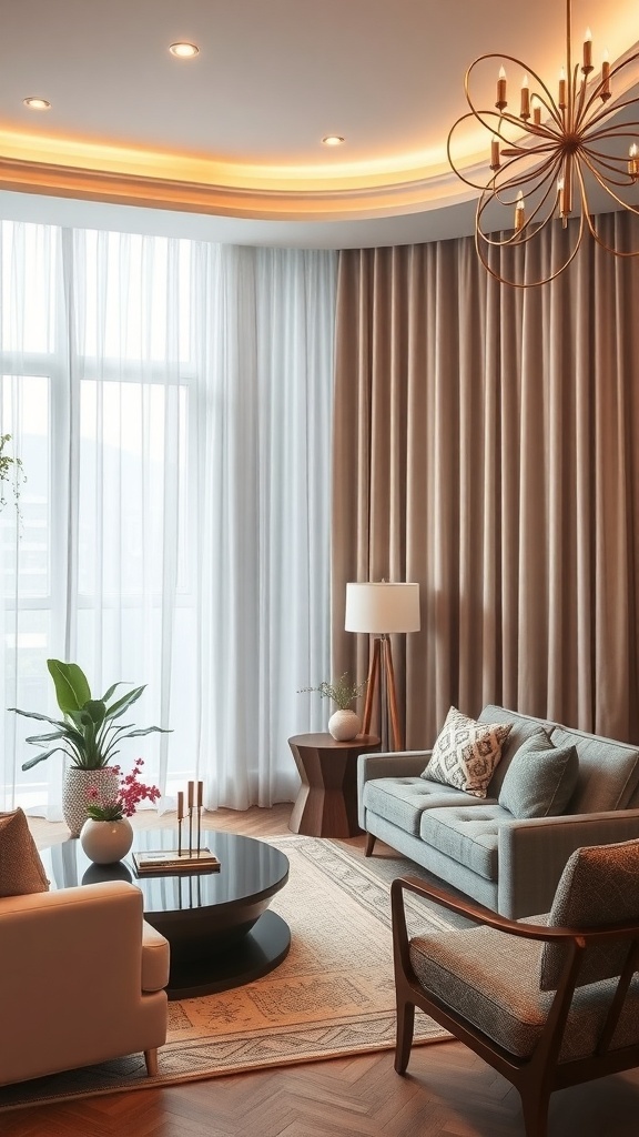 A stylish living room featuring custom-made curtains, a comfortable sofa, and modern decor.