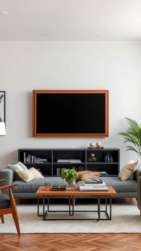 Living room featuring a Frame TV that blends with wall art, showcasing a cozy and stylish interior.