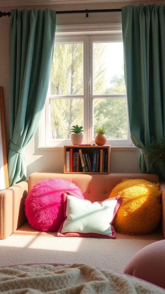 A cozy reading nook with colorful plush pillows, a window with green curtains, and a small bookshelf.