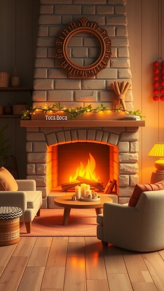 Cozy seating area with a fireplace, two chairs, a round table, and warm lighting.