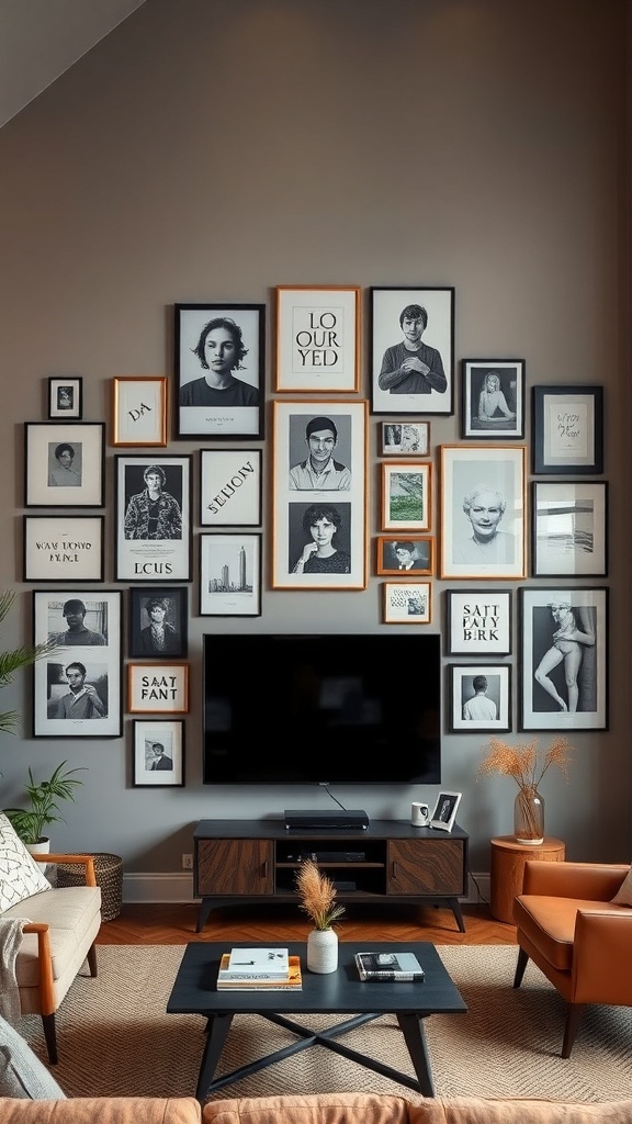 A living room featuring a gallery wall with framed photos and a Frame TV, cozy seating, and a stylish coffee table.