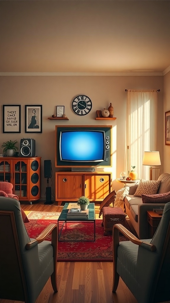 A vintage-inspired living room featuring a Frame TV, wooden furniture, retro speakers, and warm decor.