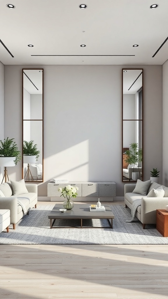 A modern rectangle living room featuring two tall mirrors, light-colored sofas, and a coffee table.