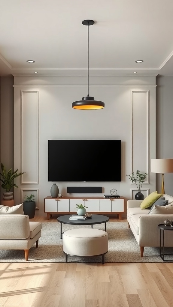 A modern living room featuring a Frame TV, elegant pendant lighting, and cozy furniture arrangement.