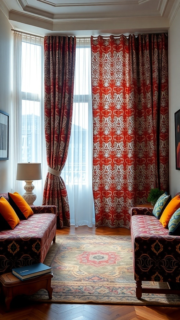 Living room with bold patterned curtains and colorful cushions.