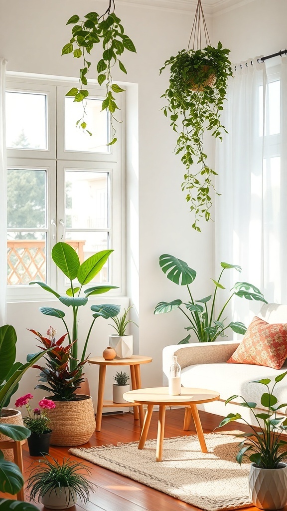 A cozy living room corner filled with various indoor plants, including hanging plants and potted greenery, creating a fresh and inviting atmosphere.
