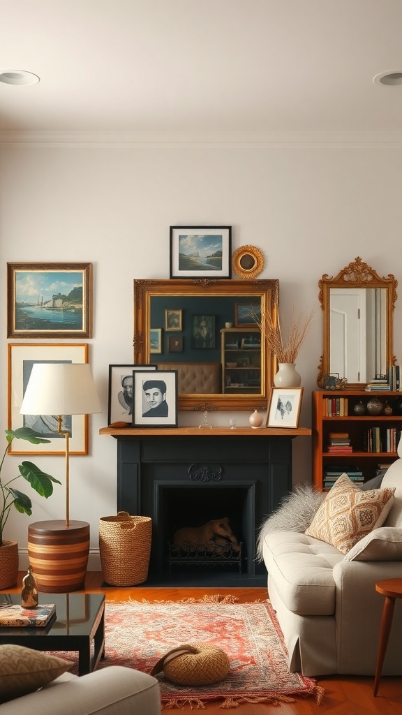 Cozy transitional living room with artful wall decor including framed pictures and mirrors.