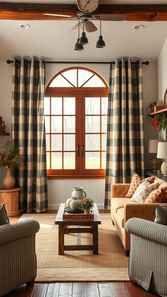 A cozy living room featuring rustic farmhouse style curtains with a striped pattern, wooden window frame, and comfortable furniture.