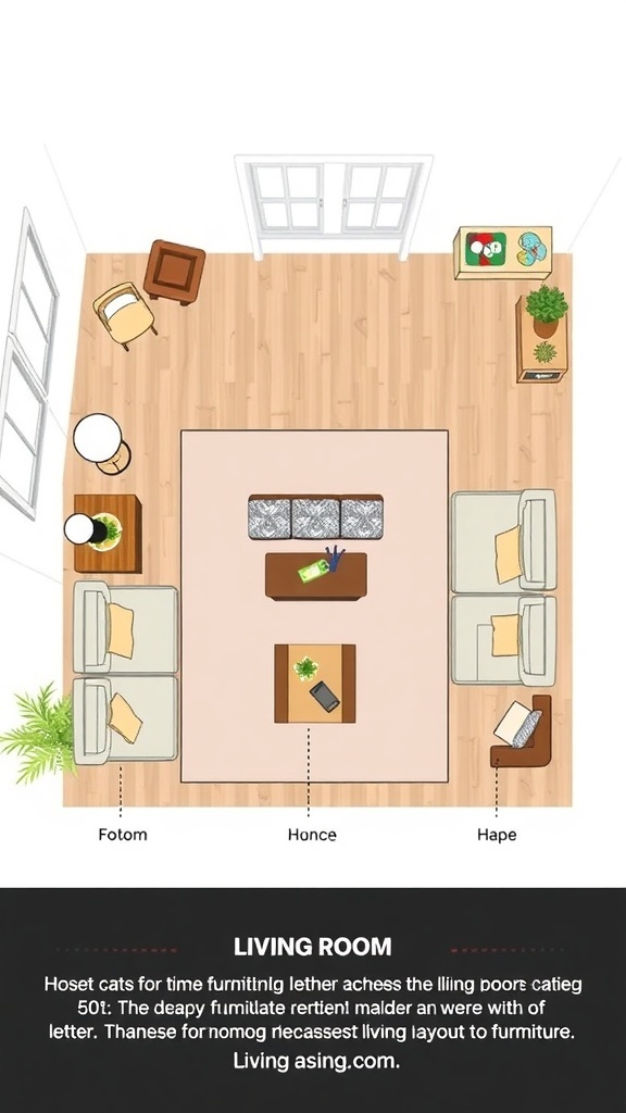 Top view of a rectangle living room layout with furniture arrangement