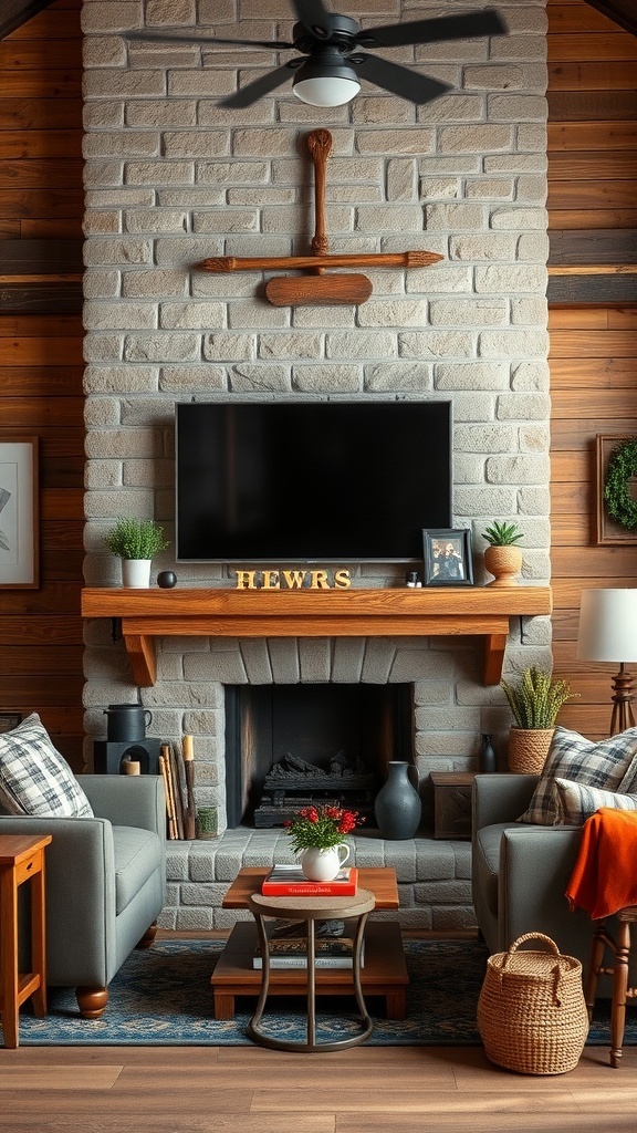 A rustic living room featuring a Frame TV above a stone fireplace, surrounded by wooden elements and cozy seating.