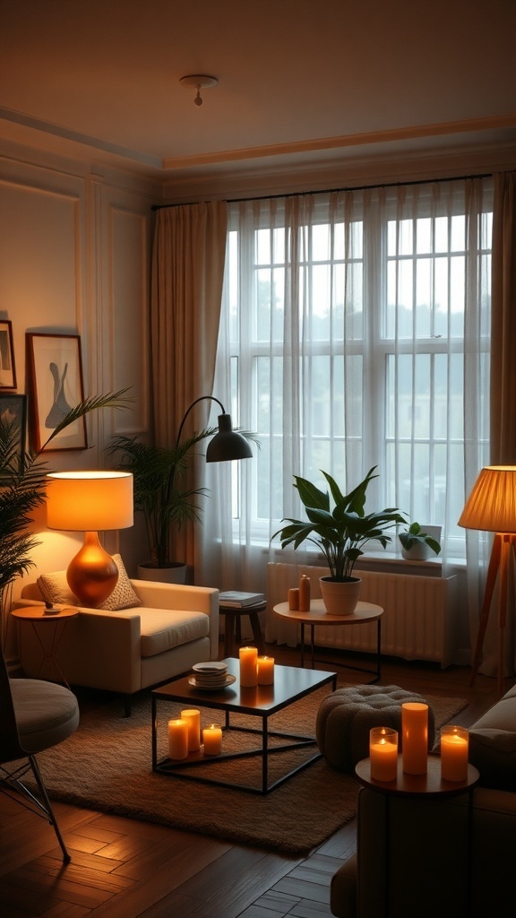 Cozy transitional living room with warm lighting, plants, and candles.