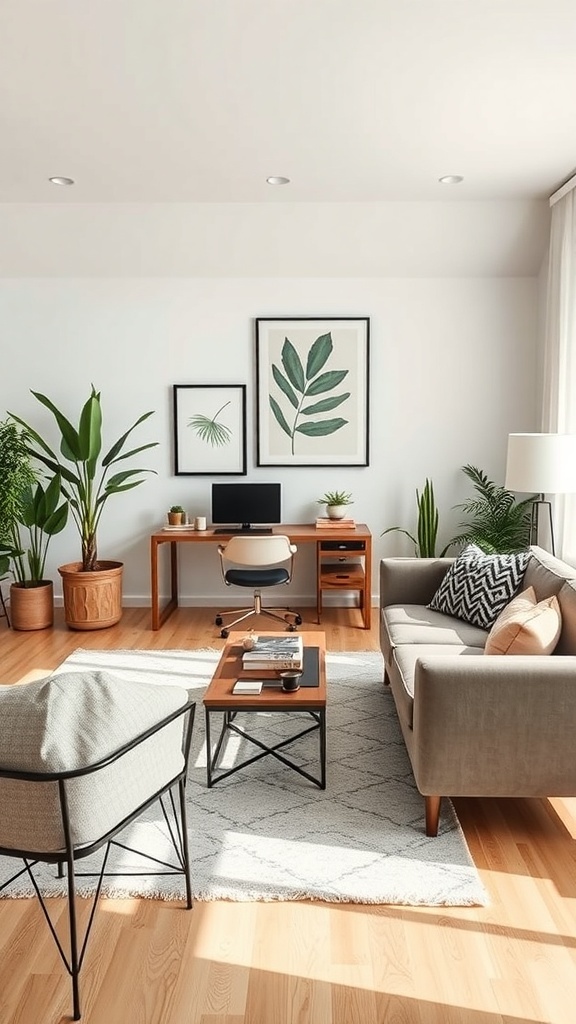 Cozy transitional living room with a workspace, plants, and modern furniture.