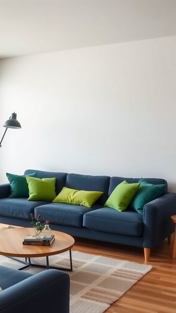 A navy blue sofa with bright green pillows in a modern living room setting.
