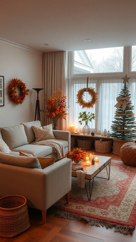 Cozy transitional living room with autumn decor, featuring a beige sofa, candles, wreaths, and a small decorated tree.